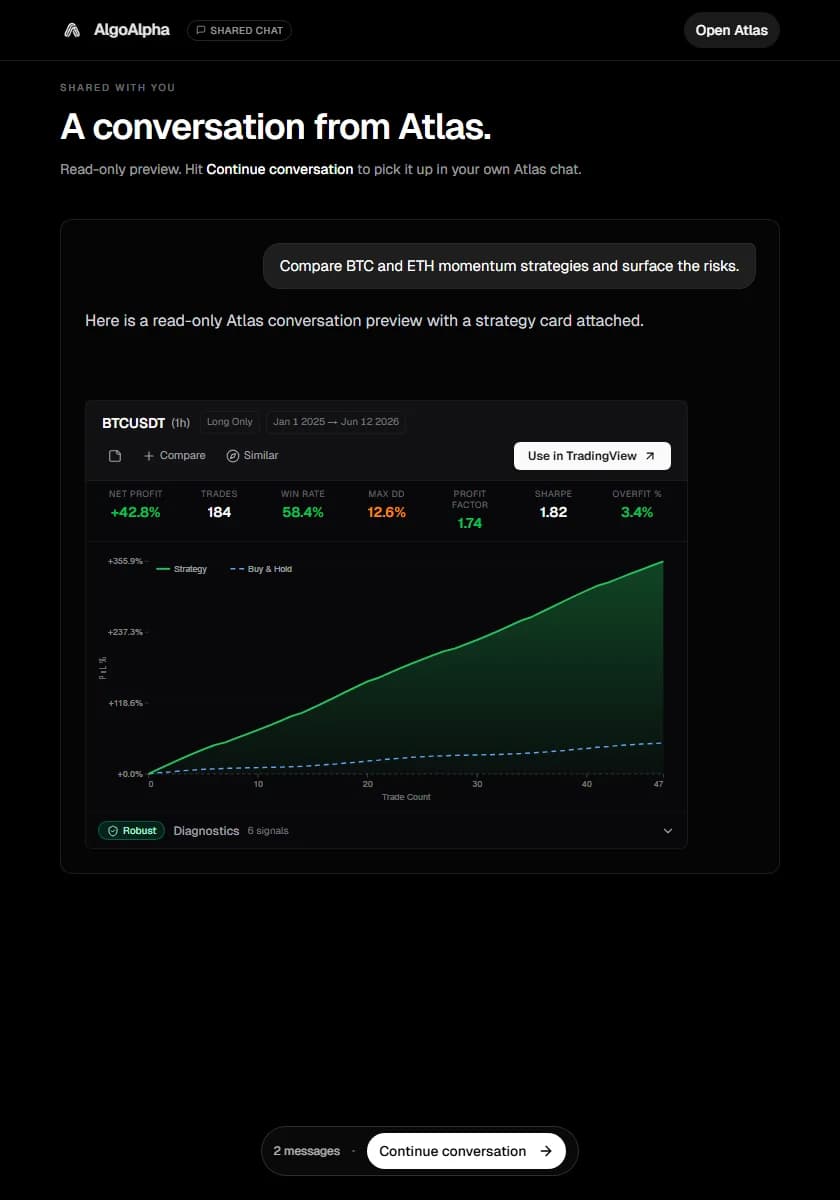 Dark-mode shared Atlas chat preview with a continue conversation action for forking the research context