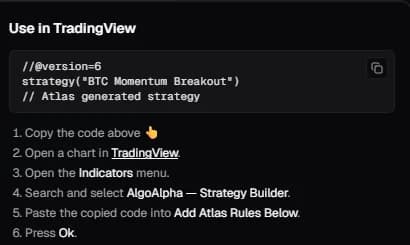 Dark-mode Atlas Use in TradingView handoff with copy instructions for moving strategy rules into TradingView
